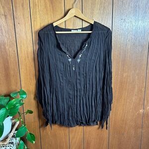 Vintage Cato Women Brown Crinkle V Neck Long Sleeve‎ Beaded Button Up Blouse